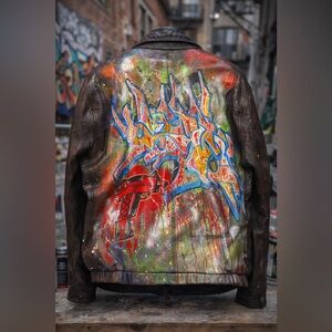 One-of-a-Kind Hand Painted Leather Jacket Graffiti Art Bomber XL